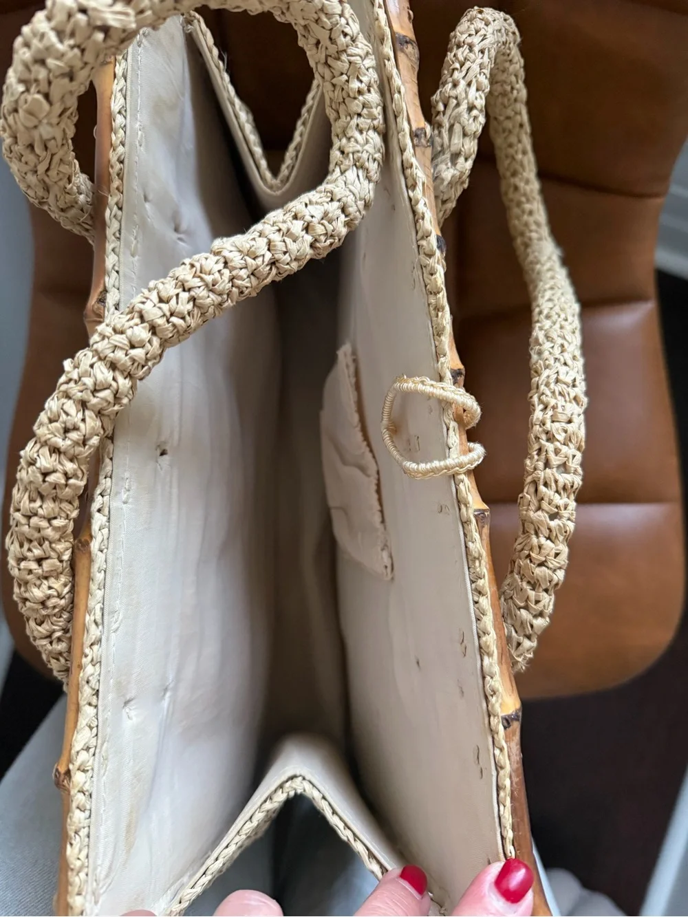 Handcrafted Cream Crochet Shoulder Bag with Bamboo Handle